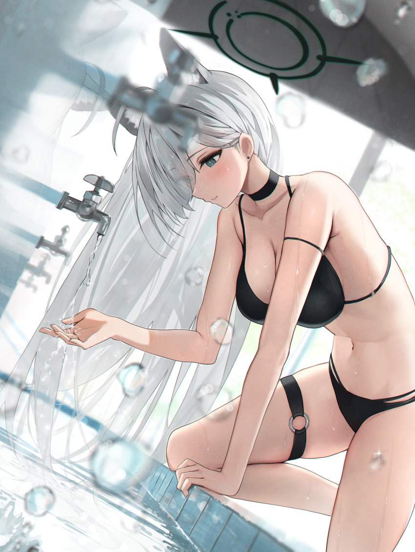 1girl absurdres animal_ear_fluff animal_ears bare_shoulders bikini black_bikini black_choker blue_archive blue_eyes blush breasts broken_halo choker cleavage extra_ears faucet grey_hair hair_between_eyes hair_ornament halo hidulume highres large_breasts long_hair mismatched_pupils navel o-ring o-ring_thigh_strap parted_lips shiroko_(blue_archive) shiroko_(terror)_(blue_archive) sink solo swimsuit thigh_strap water water_drop wolf_ears
