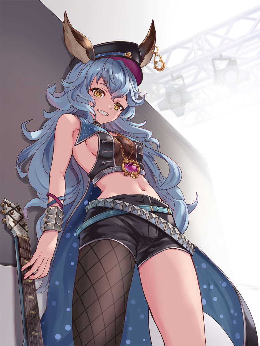 1girl animal_ears arms_behind_back bare_shoulders bell_(angelicalary) black_headwear black_shorts blue_hair breasts cape chain commentary_request crop_top curly_hair earrings erune ferry_(granblue_fantasy) fishnet_top fishnets from_below gold_chain granblue_fantasy grin guitar hair_between_eyes hat highres hip_focus instrument jewelry long_hair looking_at_viewer looking_down medium_breasts midriff navel necklace no_bra short_shorts shorts sideboob single_earring single_fishnet_legwear sleeveless small_breasts smile solo stage_lights thighs very_long_hair yellow_eyes