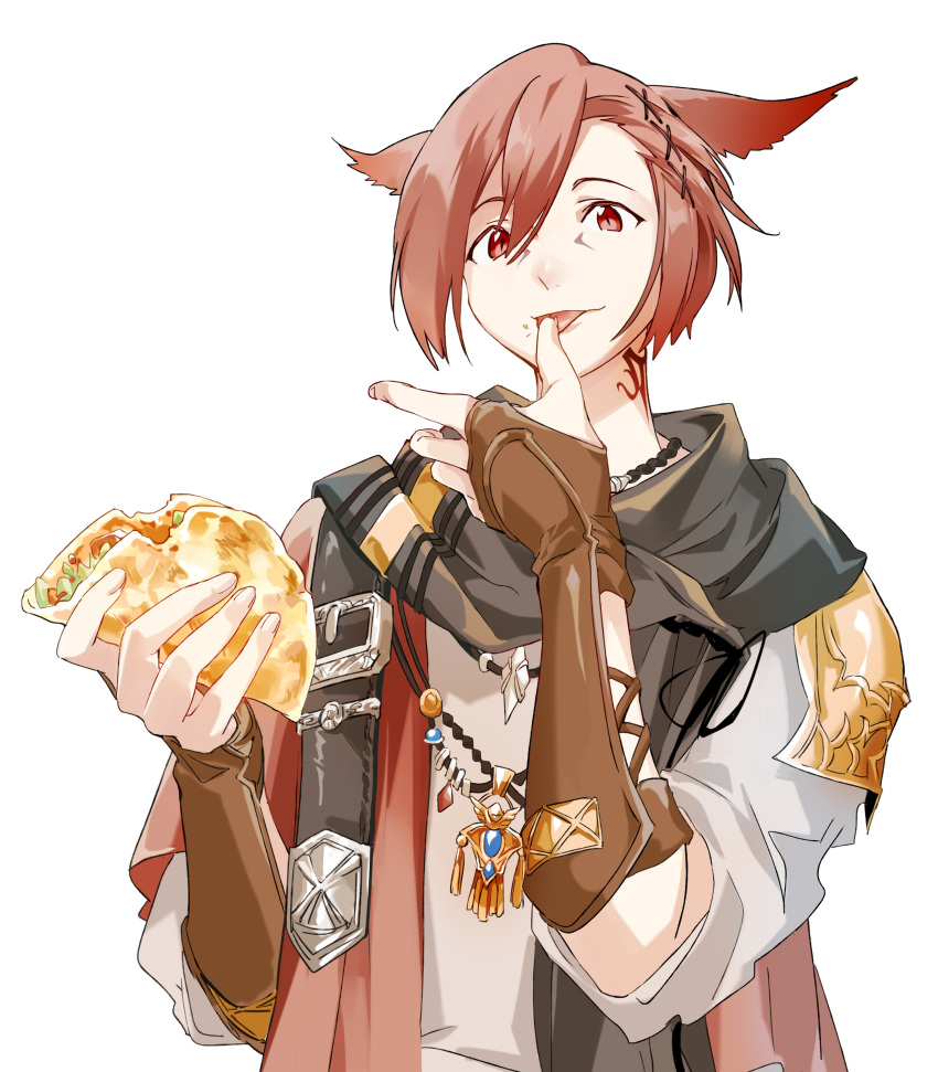 1boy absurdres amulet animal_ears armor black_scarf brown_gloves cat_ears facial_mark final_fantasy final_fantasy_xiv fingerless_gloves food g'raha_tia gloves hair_between_eyes hair_ornament highres holding holding_food jewelry licking licking_finger male_focus miqo'te neck_tattoo necklace nuoi407 red_eyes red_hair scarf shirt short_hair shoulder_armor sleeves_rolled_up slit_pupils solo taco tattoo tongue tongue_out white_background white_shirt x_hair_ornament