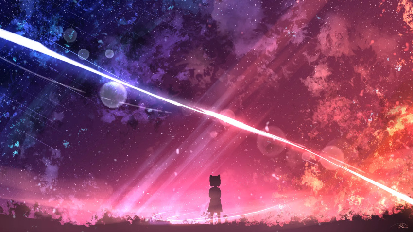 chinese_commentary cloud commentary_request full_body highres light_particles original outdoors rune_xiao scenery signature sky solo standing star_(sky) starry_sky