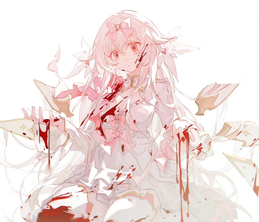 1girl arcaea blood blood_in_hair blood_on_clothes blood_on_face blood_on_hands bow closed_mouth dress empty_eyes frilled_sleeves frills gold_trim hair_bow head_wings hikari_(arcaea) long_hair long_sleeves mechari pink_bow pink_eyes sidelocks simple_background sitting solo very_long_hair white_background white_dress white_hair white_wings wings