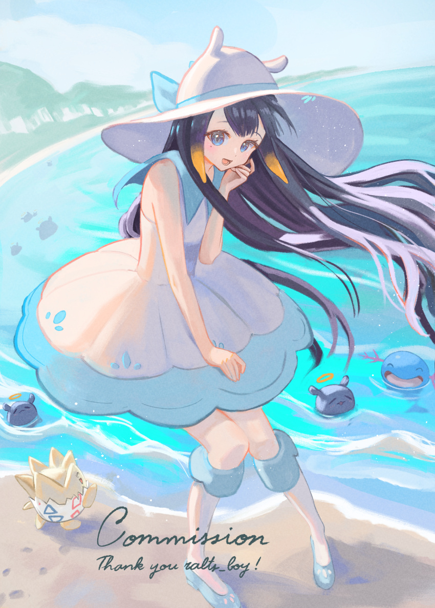 1girl 4others :d absurdres beach besidoesart blue_collar blue_eyes blue_footwear blue_ribbon blue_sky cloud collar commission cosplay dress english_text floating_hair footprints hat hat_ribbon highres hololive hololive_english kneehighs lillie_(pokemon) lillie_(pokemon)_(cosplay) long_hair looking_at_viewer mole multiple_others ninomae_ina'nis orange_hair pokemon pokemon_(game) pokemon_sm purple_hair ribbon sand sky smile socks sun_hat swimming takodachi_(ninomae_ina'nis) tentacle_hair togepi twitter_username very_long_hair virtual_youtuber white_dress white_headwear white_socks wide_brim wind wooper