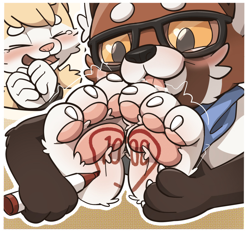 ailurid blush clothing domestic_cat duo eyewear feet felid feline felis foot_fetish foot_focus foot_lick foot_play fur glasses hi_res licking male male/male mammal pawpads paws red_panda sam0120 tickle_fetish tickle_torture tickling tickling_feet toes tongue tongue_out writing_on_feet