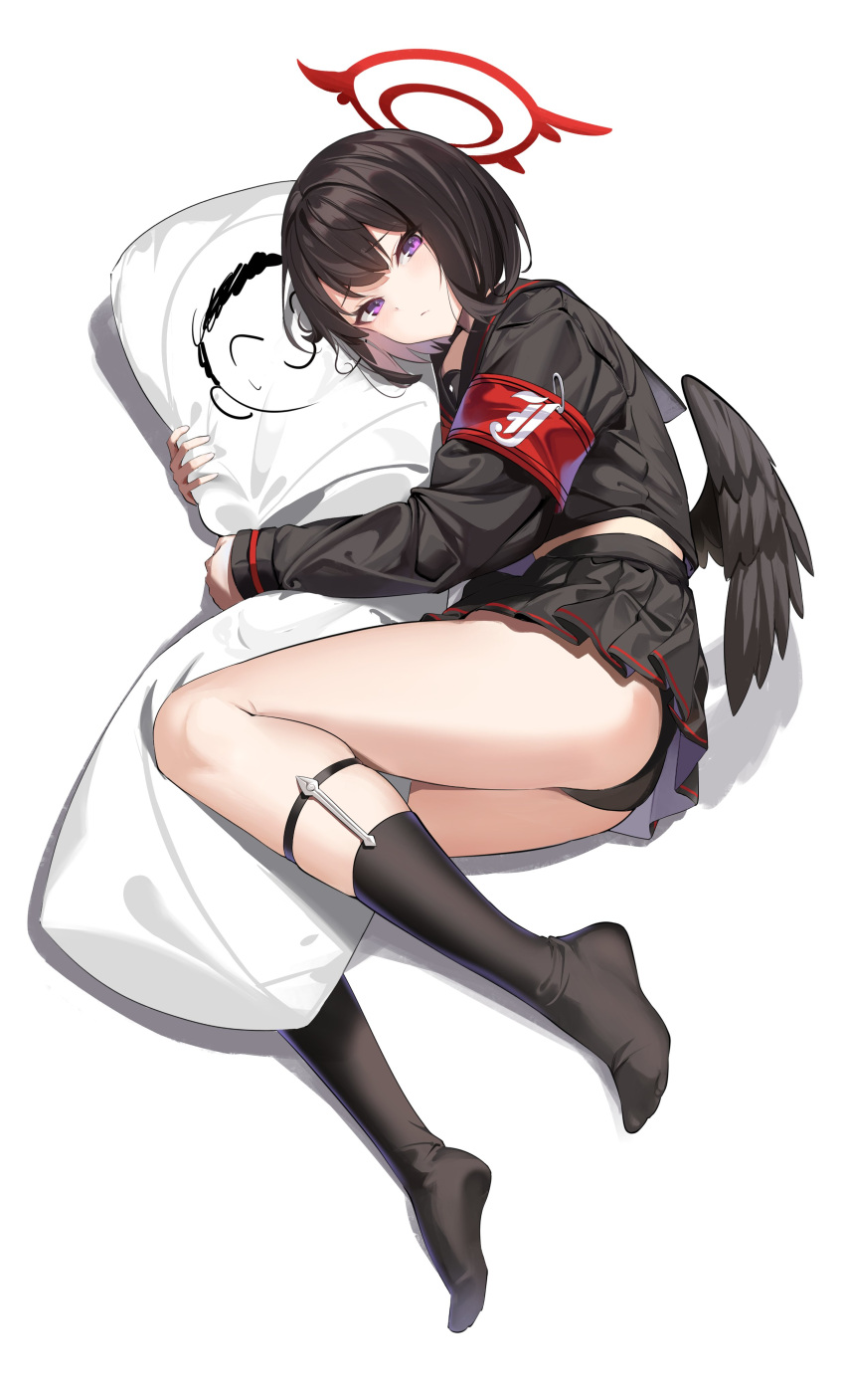 1girl absurdres armband arona's_sensei_doodle_(blue_archive) black_hair black_panties black_sailor_collar black_serafuku black_shirt black_skirt black_wings blue_archive blush breasts dakimakura_(object) feathered_wings halo highres kneehighs looking_at_viewer lying mashiro_(blue_archive) on_side panties pillow pleated_skirt purple_eyes sailor_collar school_uniform sensei_(blue_archive) serafuku shirt short_hair skirt socks solo spider_apple underwear wings