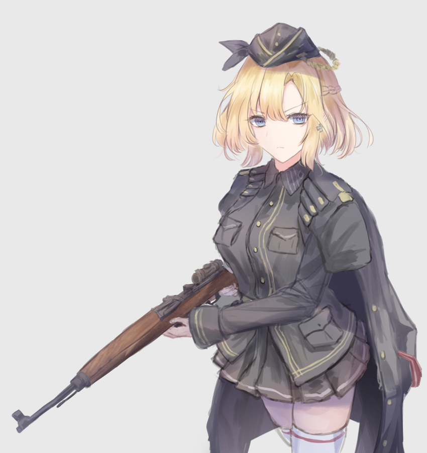 1girl absurdres black_headwear black_jacket black_shirt black_skirt blonde_hair blue_eyes braid breasts closed_mouth commentary cross cross_earrings earrings french_braid g43_(girls'_frontline) gewehr_43 girls'_frontline gun hat highres holding holding_gun holding_weapon iron_cross jacket jacket_on_shoulders jewelry large_breasts light_frown long_sleeves looking_at_viewer martinreaction military military_hat military_uniform rifle scope shirt short_hair simple_background skirt solo thighhighs uniform v-shaped_eyebrows weapon white_background white_thighhighs