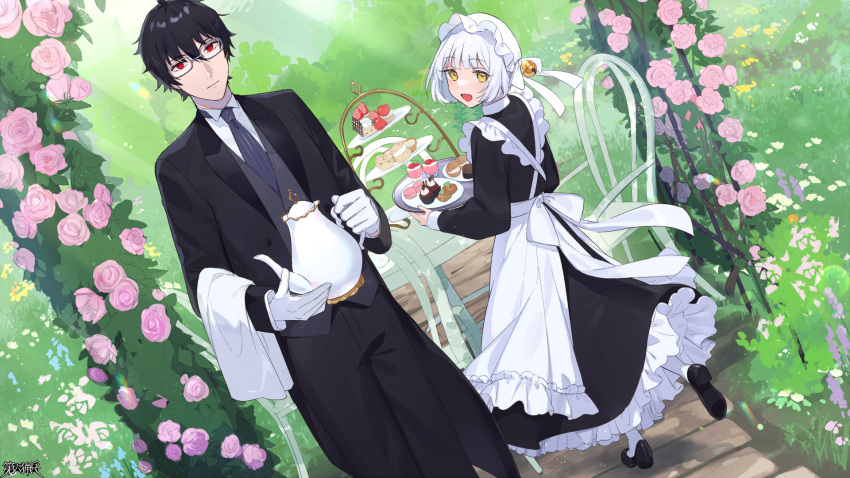 1boy 1girl :d apron arch bell black_dress black_footwear black_hair black_necktie black_pants black_suit butler chair copyright_name cream_puff dairoku_ryouhei day dessert dress dutch_angle floral_arch flower food glasses gloves grey_vest hat highres holding holding_teapot jingle_bell looking_at_viewer looking_back macaron maid maid_apron mob_cap murakumo_genji necktie outdoors pants pantyhose red_eyes sagiri_suzunone short_hair smile suit table takana_(tw6) teapot tiered_tray towel vest white_gloves white_hair white_headwear white_pantyhose yellow_eyes