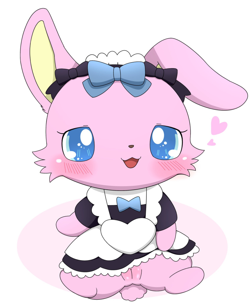 &lt;3 2023 anthro azuo blue_eyes blue_ribbon blush clothed clothing clothing_lift dress dress_lift female fur genitals hi_res jewelpet lagomorph leporid luna_(jewelpet) maid_headdress maid_uniform mammal pink_body pink_fur plump_labia presenting presenting_pussy pussy rabbit sanrio semi-anthro simple_background solo uniform white_background