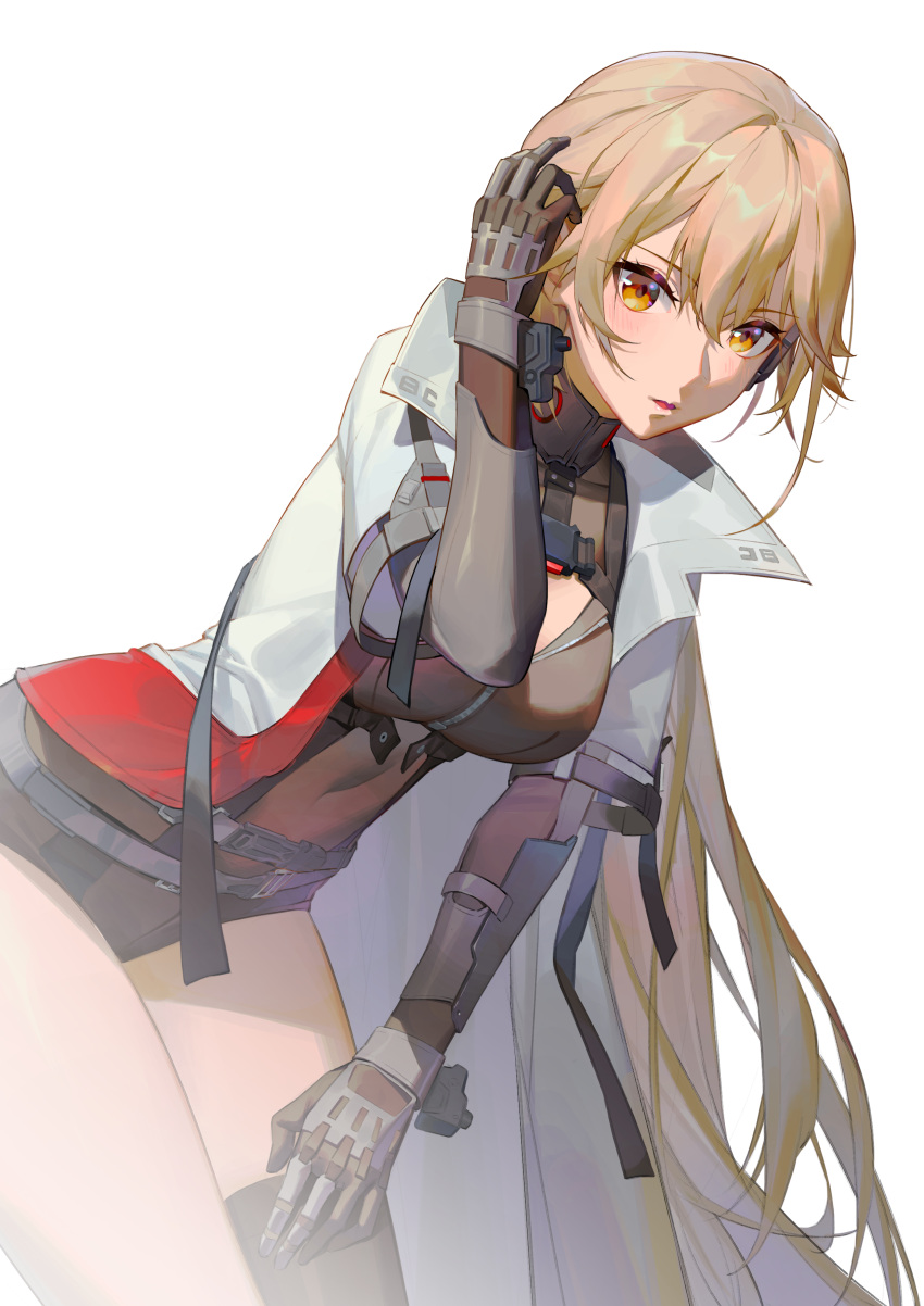 1girl absurdres black_gloves black_leotard black_thighhighs blonde_hair breasts coat covered_navel girls'_frontline_2:_exilium gloves grey_coat highres large_breasts leaning_forward leotard long_hair looking_at_viewer open_clothes open_coat orange_eyes ots-14_(girls'_frontline) parted_lips ren_huozhe single_thighhigh solo thighhighs very_long_hair