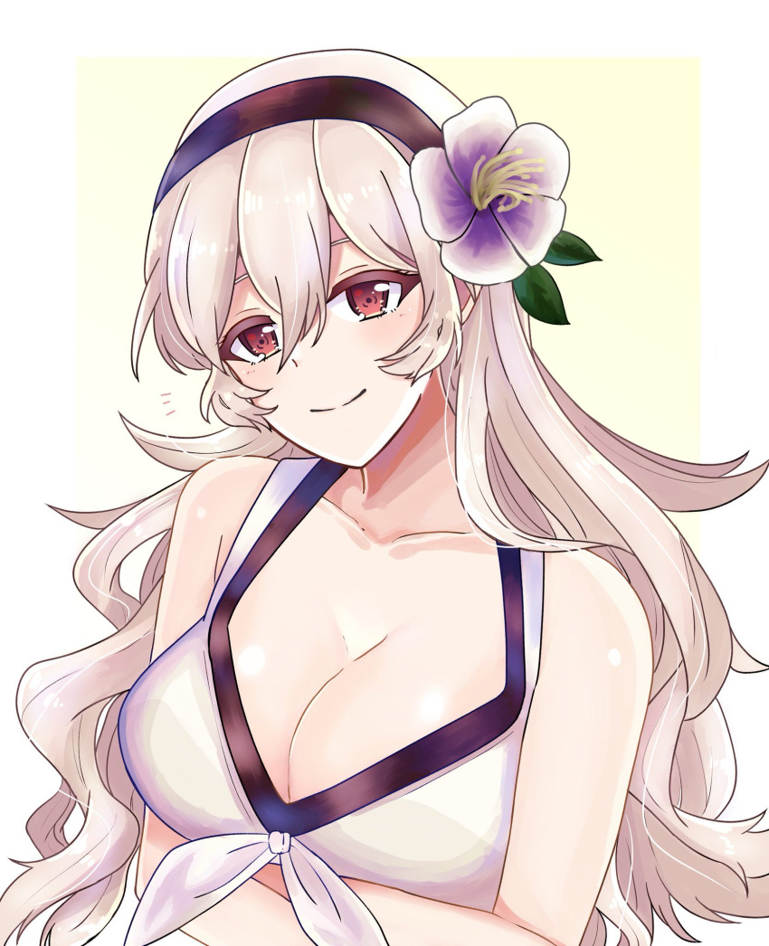1girl arms_under_breasts bikini breasts cleavage corrin_(female)_(fire_emblem) corrin_(female)_(summer)_(fire_emblem) corrin_(fire_emblem) crossed_arms fire_emblem fire_emblem_fates fire_emblem_heroes flower hair_flower hair_ornament hairband highres large_breasts long_hair looking_at_viewer n_54 official_alternate_costume smile solo swimsuit upper_body white_bikini