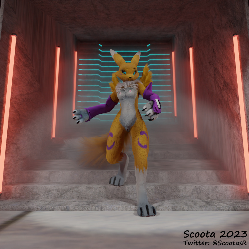 absurd_res alley anthro bandai_namco blue_eyes breasts claws clothing digimon ears_up female fog gate gloves hallway handwear hi_res light neon_lights nipples renamon_(alargewoodenbadger) scoota solo spotlight stairs wings