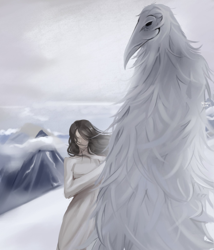 ambiguous_gender anthro avian beak clothed clothing cryptid duo erosion_bird faceless_character feathers female hair hi_res human long_hair mammal mountain nymphgem size_difference sky smaller_female snow white_body white_feathers wind