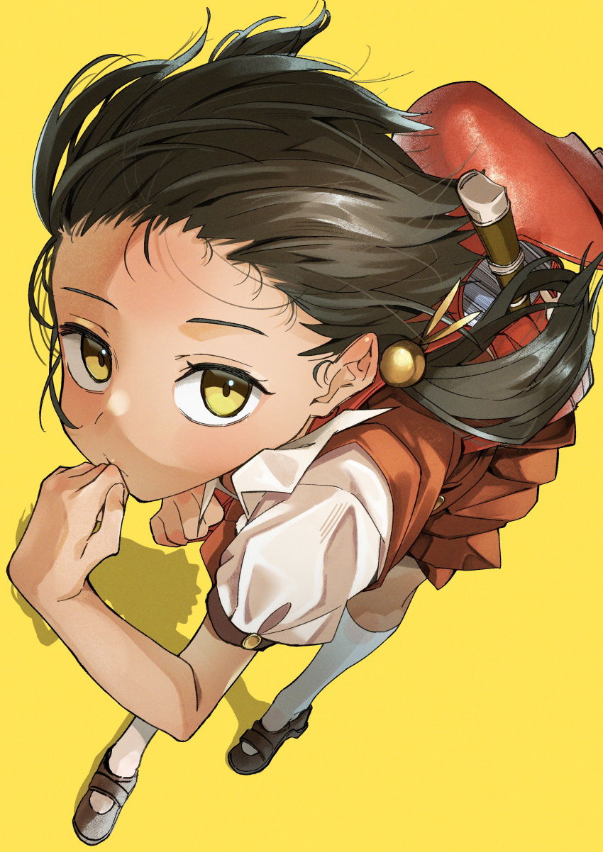1girl absurdres backpack bag black_hair commentary_request dress expressionless finger_to_mouth floating_hair forehead foreshortening from_above hair_bobbles hair_ornament hair_strand highres holding_strap inoue_shuugorou instrument kaai_yuki kneehighs kyoufuu_all_back_(vocaloid) light_blush looking_at_viewer looking_up low_twintails mary_janes pinafore_dress pleated_dress puffy_short_sleeves puffy_sleeves randoseru recorder red_bag red_dress shadow shirt shoes short_sleeves simple_background sleeveless sleeveless_dress socks solo standing twintails vocaloid white_shirt white_socks yellow_background yellow_eyes