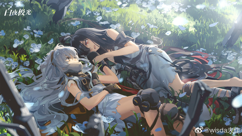 2girls absurdly_long_hair ahoge alchemy_stars ankle_cuffs bandaged_leg bandages black_hair chinese_commentary colored_inner_hair covered_mouth dawn_(alchemy_stars) dress eve_(alchemy_stars) feet_out_of_frame field flower flower_field grass grey_dress grey_hair hair_over_one_eye hairband highres knee_pads long_hair looking_at_another lying mittens multicolored_hair multiple_girls on_back on_side open_mouth outdoors red_eyes sleeveless sleeveless_dress smile torn_clothes torn_dress very_long_hair weibo_username wisda