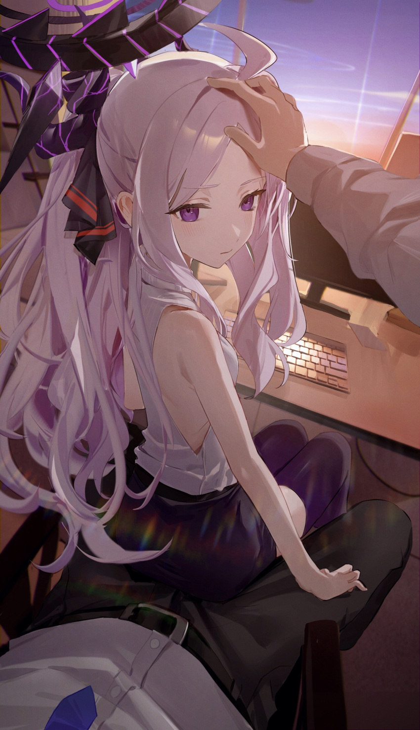 1boy 1girl absurdres bare_shoulders belt blue_archive blush breasts desk flatshi hair_ribbon halo hand_on_another's_head headpat highres hina_(blue_archive) horns keyboard_(computer) long_hair looking_at_viewer looking_back miniskirt monitor ponytail pov purple_eyes ribbon sensei_(blue_archive) shirt sitting sitting_on_lap sitting_on_person skirt sky sleeveless sleeveless_shirt small_breasts thighhighs twilight very_long_hair white_hair