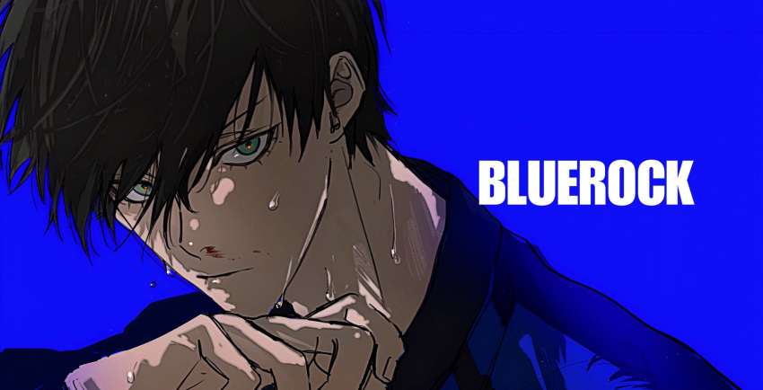 1boy black_hair blood blue_background blue_lock bo_toike57 closed_mouth commentary fingernails green_eyes highres itoshi_rin male_focus portrait short_hair soccer_uniform solo sportswear sweat