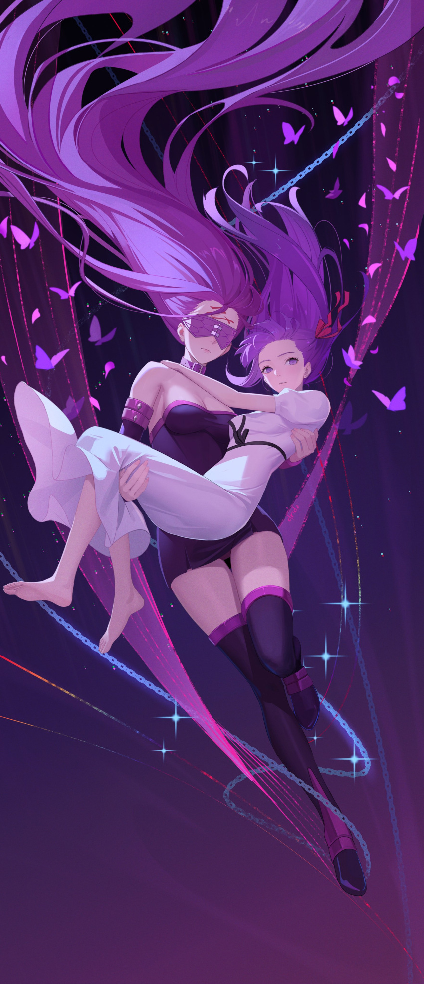 2girls absurdres bare_shoulders barefoot blindfold boots breasts bug butterfly carrying carrying_person closed_mouth commentary dress drid facial_mark fate/stay_night fate_(series) feet floating_hair forehead_mark full_body gradient_background highres knees_together_feet_apart legs long_hair looking_at_viewer matou_sakura medium_breasts medusa_(fate) medusa_(rider)_(fate) multiple_girls night purple_background purple_dress purple_eyes purple_hair romaji_commentary short_dress short_sleeves sky soles sparkle star_(sky) starry_sky strapless strapless_dress thigh_boots thighs toes very_long_hair white_dress