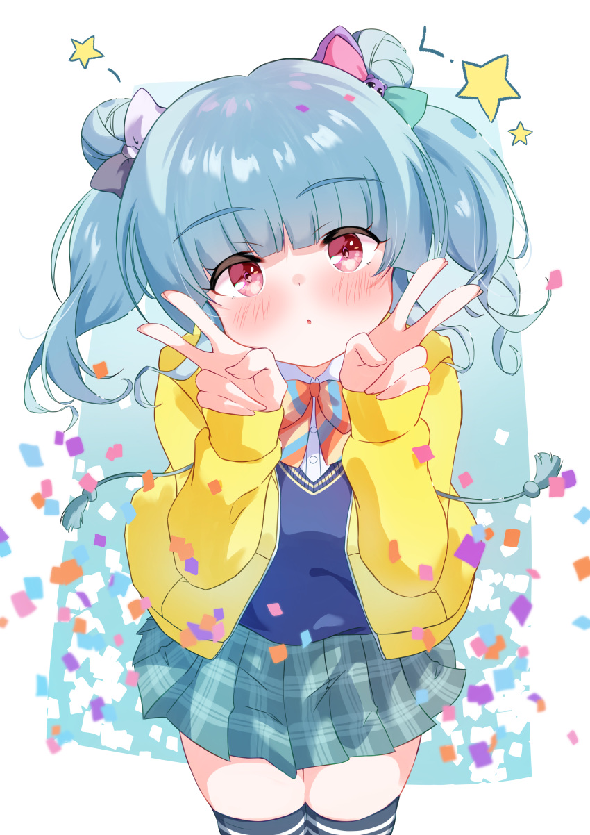 1girl :o absurdres blue_background blue_hair blue_skirt blue_sweater blue_thighhighs blunt_bangs blush border bow bowtie collared_shirt dot_nose double_v drawstring hair_bow hands_on_own_cheeks hands_on_own_face hands_up head_tilt highres hood hood_down hooded_jacket hyodou_shizuku idoly_pride jacket legs_together long_hair looking_at_viewer open_clothes open_jacket orange_bow orange_bowtie outside_border parted_lips plaid plaid_skirt pleated_skirt purin_(user_mrsf8772) red_eyes school_uniform shirt short_twintails simple_background skirt solo star_(symbol) striped striped_bow striped_bowtie sweater thighhighs thighs twintails v v-neck white_border white_shirt yellow_jacket zettai_ryouiki