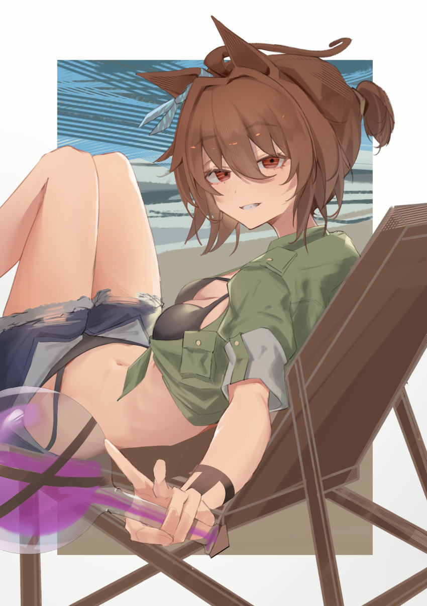 1girl absurdres agnes_tachyon_(lunatic_lab)_(umamusume) agnes_tachyon_(umamusume) ahoge animal_ears bandolier bikini black_bikini border bracelet breasts brown_hair cleavage commentary criss-cross_halter denim denim_shorts ear_ornament flask green_jacket grin hair_between_eyes halterneck highres holding holding_flask horse_ears horse_girl horse_tail jacket jewelry looking_at_viewer medium_breasts navel on_chair open_fly outdoors red_eyes round-bottom_flask sei_(bigaa) short_hair shorts sleeves_rolled_up smile solo summer's_sunlight_fades_to_blue_(umamusume) swimsuit tail teeth thigh_strap tied_jacket umamusume v white_border wooden_chair
