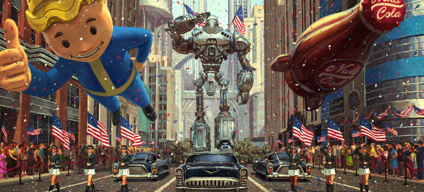 6+boys 6+girls american_flag black_hair black_jacket blonde_hair building car city confetti day fallout_76 highres jacket motor_vehicle multiple_boys multiple_girls nuka_cola official_art outdoors parade pleated_skirt road robot salute sentinel_prime skirt skyscraper street thumbs_up vault_boy vault_suit white_skirt