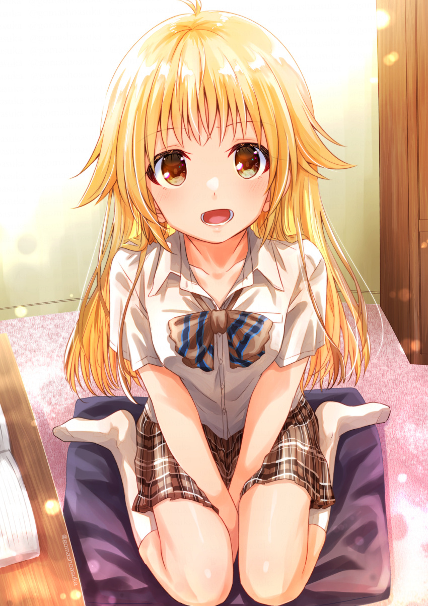 1girl :o artist_name between_legs blonde_hair bow brown_bow brown_eyes brown_skirt full_body gomasho_asuka hand_between_legs highres indoors original pillow plaid plaid_skirt shirt short_sleeves sitting skirt socks solo striped striped_bow wariza white_shirt white_socks