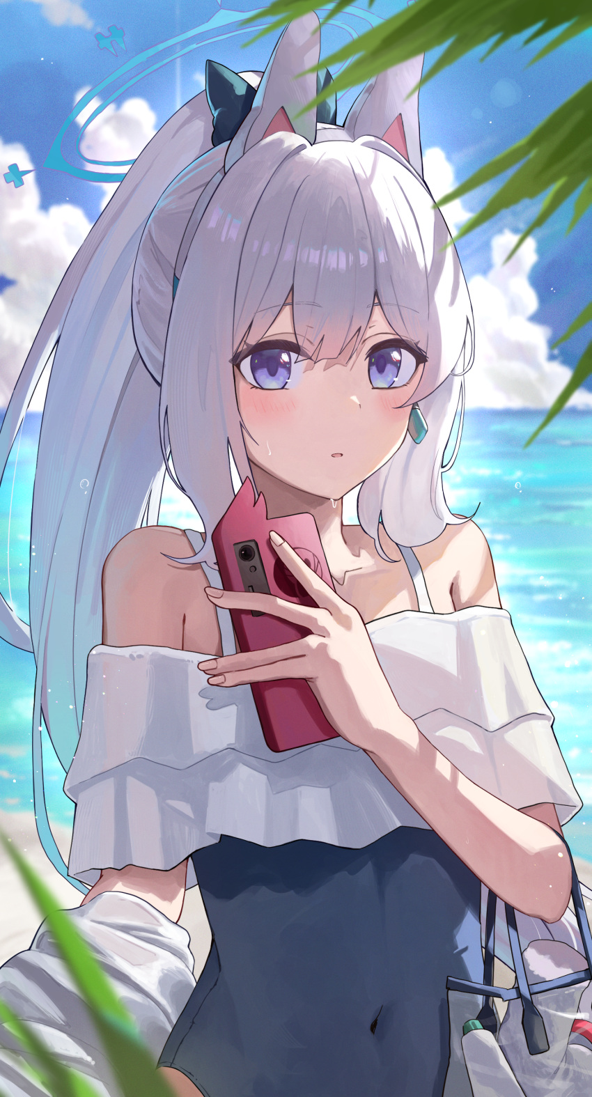 1girl absurdres animal_ear_headphones animal_ears bare_shoulders beach blue_archive blue_bow blue_eyes blue_halo blue_one-piece_swimsuit blue_sky blurry bow cellphone cloud cloudy_sky commentary covered_navel depth_of_field elmo_(st_elmomomo) fake_animal_ears frilled_one-piece_swimsuit frills hair_bow halo headphones high_ponytail highres holding holding_phone looking_at_viewer miyako_(blue_archive) miyako_(swimsuit)_(blue_archive) ocean off-shoulder_one-piece_swimsuit off_shoulder official_alternate_costume one-piece_swimsuit outdoors parted_lips phone ponytail purple_eyes rabbit_ear_headphones sky smartphone solo sweat swimsuit transparent_bag two-tone_one-piece_swimsuit upper_body white_background white_hair