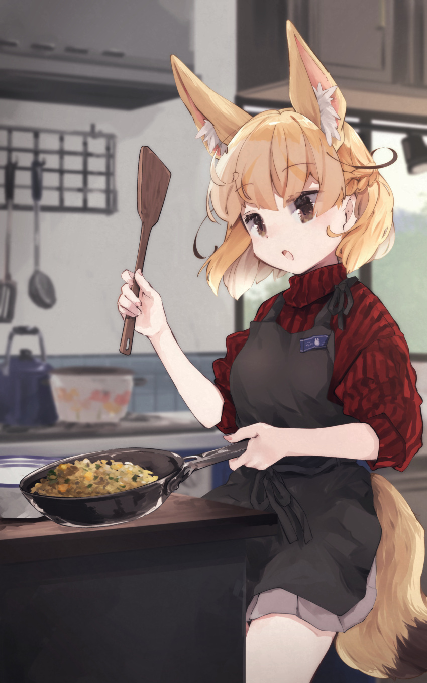 1girl alternate_costume alternate_hairstyle animal_ears apron black_apron blonde_hair braid brown_eyes casual commentary_request cooking crown_braid extra_ears fennec_(kemono_friends) fox_ears fox_girl fox_tail frying_pan grey_skirt highres kemono_friends nanana_(nanana_iz) pleated_skirt red_sweater short_hair skirt sleeves_rolled_up solo spatula striped striped_sweater sweater tail turtleneck