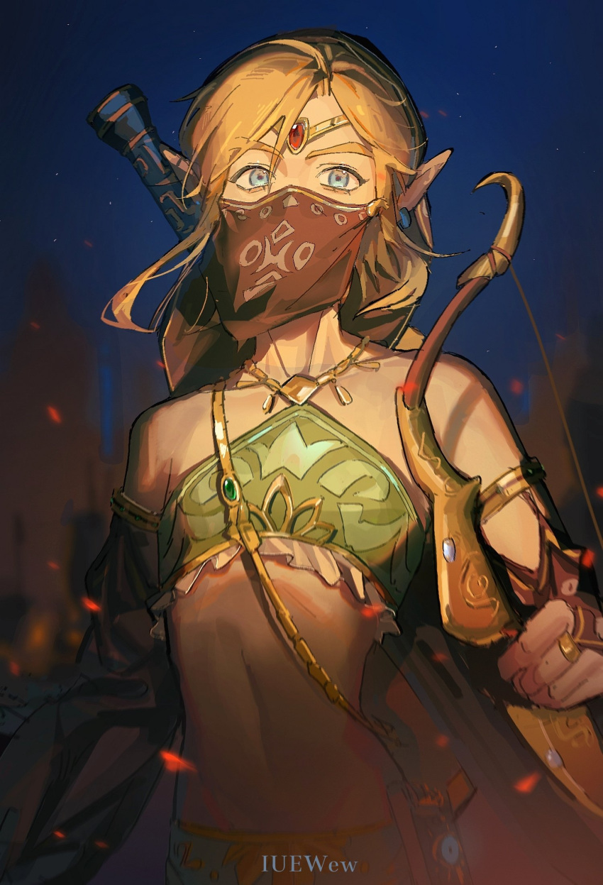 1boy armlet bare_shoulders blonde_hair blue_eyes bow_(weapon) bridal_gauntlets cowboy_shot crossdressing detached_sleeves earrings embers gerudo_set_(zelda) highres holding holding_bow_(weapon) holding_weapon iuew jewelry link long_sleeves looking_at_viewer male_focus midriff mouth_veil night official_alternate_costume otoko_no_ko outdoors pointy_ears solo stomach the_legend_of_zelda the_legend_of_zelda:_breath_of_the_wild veil weapon weapon_on_back