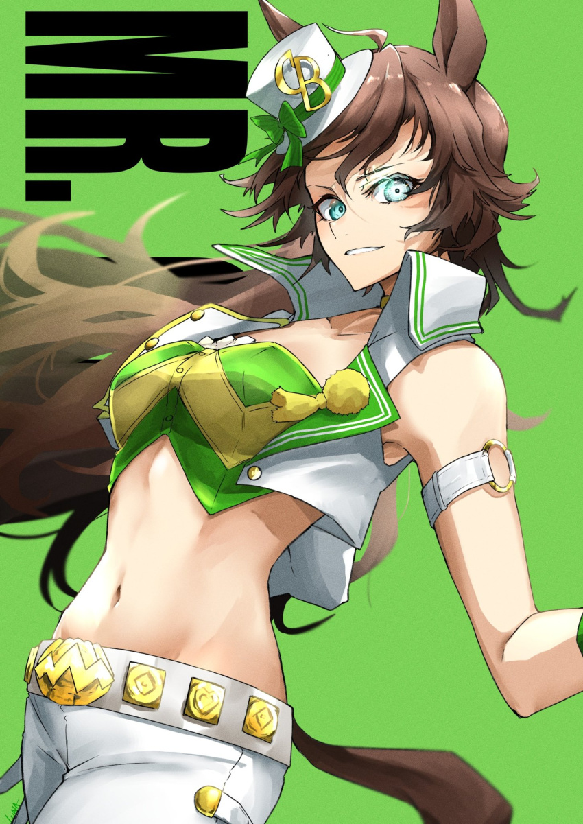 1girl ahoge animal_ears arm_strap bare_shoulders blue_eyes breasts brown_hair commentary_request cowboy_shot crop_top green_background green_shirt grin hat highres horse_ears long_hair looking_at_viewer luna_(gkluna_mas) midriff mr._c.b._(umamusume) navel pants shirt simple_background small_breasts smile solo standing stomach strapless strapless_shirt top_hat umamusume very_long_hair vest white_headwear white_pants white_vest