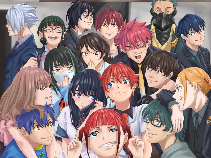 aida_kensuke_(sword_fish3) anosillus_ii anti_(ssss.gridman) asanaka_yomogi asukagawa_chise black_hair blue_eyes blue_hair blush borr bow breasts brown_hair couple gauma glasses green_eyes grey_hair gridman_universe gridman_universe_(film) hair_ornament hassu hibiki_yuuta highres long_hair minami_yume multiple_boys multiple_girls namiko necktie red_bow red_eyes samurai_calibur school_uniform scrunchie shirt short_hair skirt smile sunglasses takarada_orie takarada_rikka utsumi_shou vit white_shirt wrist_scrunchie yamanaka_koyomi