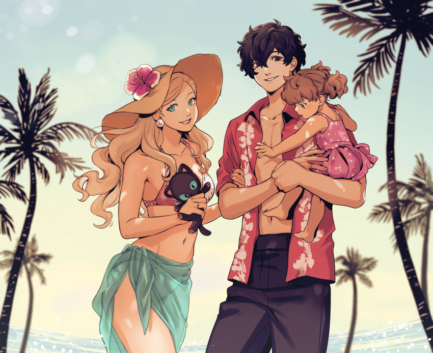 1boy 2girls amamiya_ren aqua_eyes beach bikini black_eyes black_hair blonde_hair breasts brown_hair child day earrings english_commentary family father_and_daughter flower hat hat_flower hawaiian_shirt hetero hibiscus highres holding if_they_mated jewelry long_hair male_swimwear mother_and_daughter multiple_girls neekosiah open_clothes open_shirt outdoors palm_tree persona persona_5 red_shirt sarong shirt stuffed_animal stuffed_cat stuffed_toy sun_hat swim_trunks swimsuit takamaki_anne tree