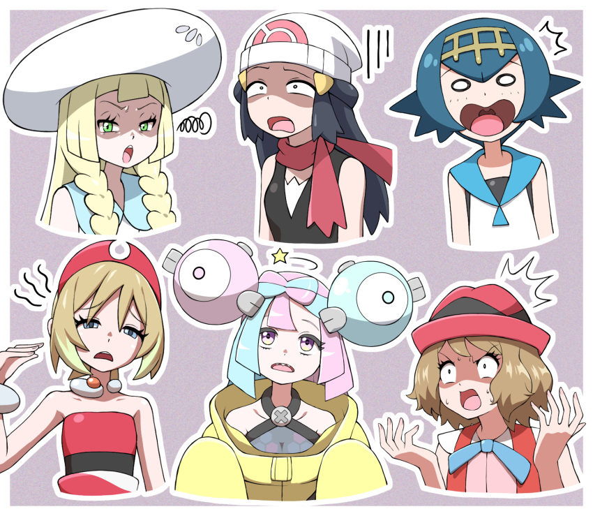 6+girls bangs beanie black_hair black_shirt blonde_hair blue_ribbon border braid collared_dress commentary_request dawn_(pokemon) dress eyelashes fanning_self green_eyes green_hair grey_background grey_shirt hair_ornament hairband hairclip hands_up hat highres iono_(pokemon) irida_(pokemon) jacket lana_(pokemon) lillie_(pokemon) long_hair multicolored_hair multiple_girls neck_ribbon o_o open_mouth outline pink_hair pokemon pokemon_(anime) pokemon_(game) pokemon_dppt_(anime) pokemon_legends:_arceus pokemon_sm_(anime) pokemon_sv pokemon_xy_(anime) ribbon scarf serena_(pokemon) shabana_may shaded_face shirt sleeveless sleeveless_shirt squiggle star_(symbol) strapless strapless_shirt sweat teeth tongue twin_braids two-tone_hair upper_teeth_only white_border white_headwear white_shirt yellow_jacket