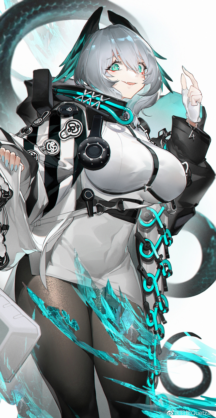 1girl absurdres aqua_eyes arknights between_breasts black_coat black_pantyhose blue_nails breasts coat commentary_request dress fangs feet_out_of_frame fingerless_gloves gloves grey_hair hand_up highres ho'olheyak_(arknights) long_sleeves looking_at_viewer medium_hair open_clothes open_coat open_mouth pantyhose pencil_dress skin_fangs smile snake_tail solo strap_between_breasts tail two-tone_coat white_coat white_gloves yushe_quetzalli