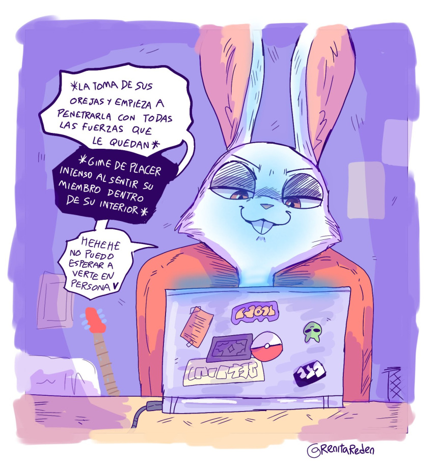 anthro buckteeth chair comic computer female furniture hi_res inside lagomorph leporid mammal nintendo notebook pokeball pokemon rabbit renita_reed smile solo spanish_text speech_bubble sticker teeth text translated white_body