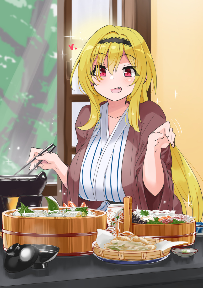 1girl bath_yukata blonde_hair blush breasts chopsticks collarbone fang fish_(food) food hanten_(clothes) heart highres holding holding_chopsticks huge_breasts idolmaster idolmaster_cinderella_girls indoors japanese_clothes kimono kurosaki_chitose looking_at_food nabe red_eyes ryokan sashimi sitting smile solo yukata yuuichi_(reductionblack)