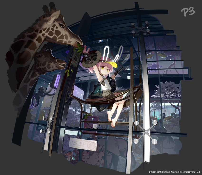 1girl absurdres animal_ears bare_arms bare_legs bare_shoulders barefoot blue_jacket chinese_commentary closed_mouth commentary_request fake_animal_ears feeding full_body giraffe girls'_frontline_neural_cloud green_shorts highres holding_walkie-talkie jacket keychain pink_hair rabbit_ears shirt short_hair short_shorts shorts sitting sleeveless sleeveless_shirt soles solo taisch_(girls'_frontline_nc) tianliang_duohe_fangdongye toes twintails visor_cap walkie-talkie white_shirt yellow_eyes