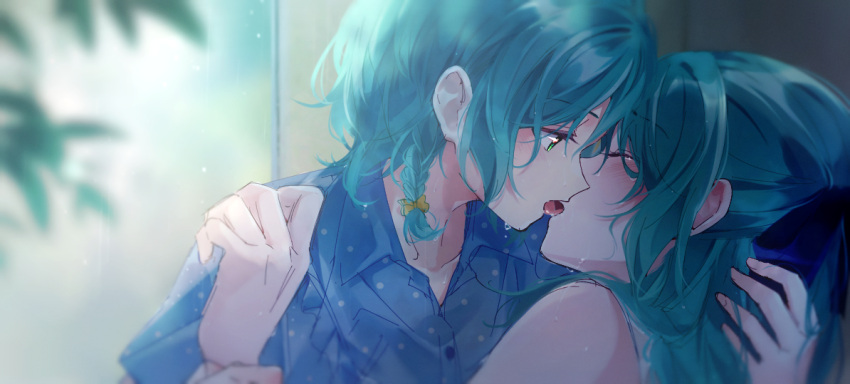 2girls aqua_hair bang_dream! blue_shirt closed_eyes french_kiss green_eyes hand_on_another's_shoulder hikawa_hina hikawa_sayo incest kiss light_blush light_rays long_hair medium_hair multiple_girls plant shirt siblings sisters toto_(sa-dosama) twincest twins yuri