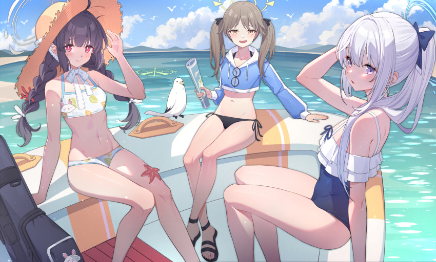 4girls bare_legs bare_shoulders beach bikini bikini_bottom_only bird black_bikini black_bikini_bottom black_hair blue_archive blue_halo blue_hoodie blue_one-piece_swimsuit blue_sky blush boat braid breasts brown_eyes brown_hair bubble1995 casual_one-piece_swimsuit cropped_hoodie day eyewear_hang eyewear_removed frilled_one-piece_swimsuit frills halo hat highres hood hoodie leaf_print looking_at_viewer miyako_(blue_archive) miyako_(swimsuit)_(blue_archive) miyu_(blue_archive) miyu_(swimsuit)_(blue_archive) moe_(blue_archive) moe_(swimsuit)_(blue_archive) multiple_girls navel ocean off-shoulder_one-piece_swimsuit off_shoulder official_alternate_costume one-piece_swimsuit open_mouth outdoors ponytail rabbit_platoon_(blue_archive) rash_guard red_eyes round_eyewear saki_(blue_archive) saki_(swimsuit)_(blue_archive) seagull side-tie_bikini_bottom sitting sky smile starfish straw_hat submerged sun_hat swimsuit two-tone_one-piece_swimsuit water watercraft yellow_halo