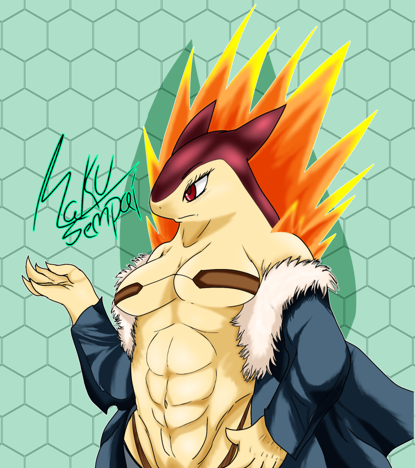 chaqueta female fire generation_2_pokemon glare hi_res humanoid huron muscular muscular_female nintendo pokemon pokemon_(species) rakusenpai rakusenpai_(artist) solo sonya typhlosion