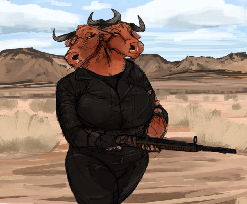 2_heads anthro belt bethesda_softworks big_breasts bovid bovine brahmin_(fallout) breasts clothed clothing doctordj fallout female fully_clothed gun horn mammal mature_female multi_head ranged_weapon solo weapon