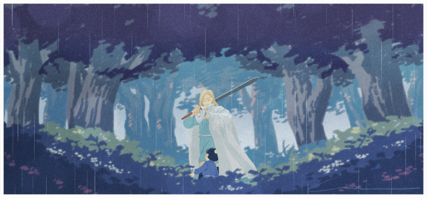 2boys black_hair blonde_hair blue_shirt bojji border bush cape child closed_eyes collared_cape commentary_request crown domas forest hand_up holding holding_sword holding_weapon long_hair long_sleeves loveless516 male_child mini_crown multiple_boys nature open_mouth ousama_ranking outdoors rain shirt short_hair smile standing sword tree weapon white_border white_cape