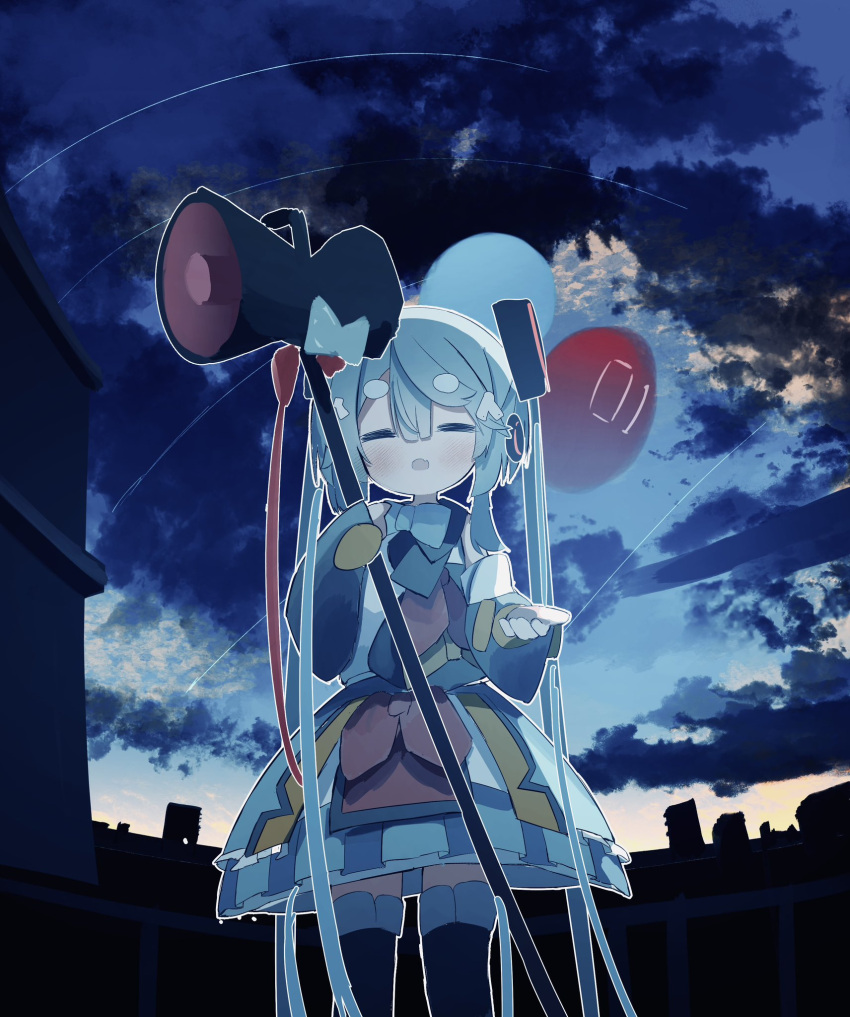 1girl =_= aqua_bow aqua_bowtie aqua_hair balloon black_footwear black_sleeves boots bow bowtie cityscape closed_eyes cloud cloudy_sky commentary cowboy_shot detached_sleeves facing_viewer fang hair_ribbon hatsune_miku headphones highres hikimayu holding holding_staff knee_boots long_hair magical_mirai_(vocaloid) magical_mirai_miku magical_mirai_miku_(2018) megaphone multicolored_clothes multicolored_skirt open_mouth outdoors pink_bow pink_bowtie pleated_skirt reaching reaching_towards_viewer ribbon segment_display seven-segment_display shirt skin_fang skirt sky solo staff standing syare_0603 twilight twintails very_long_hair vocaloid white_ribbon white_shirt yellow_bow yellow_bowtie