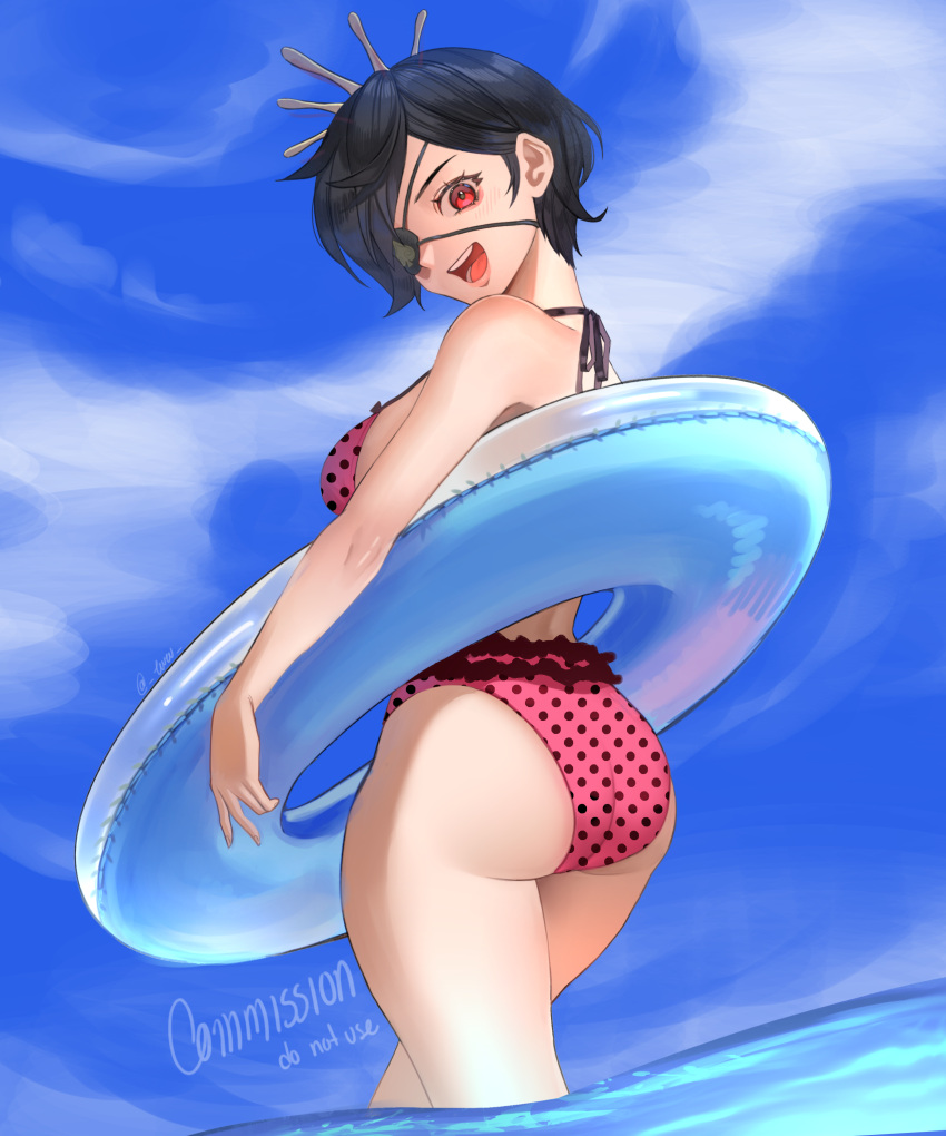 1girl :d absurdres alternate_costume ass beach bikini black_clover black_hair blue_sky buoy cloud commission day eyepatch hair_ornament highres ocean open_mouth outdoors pink_bikini pksou polka_dot polka_dot_bikini red_eyes short_hair sky smile solo spade_(shape) swimsuit vanica_zogratis