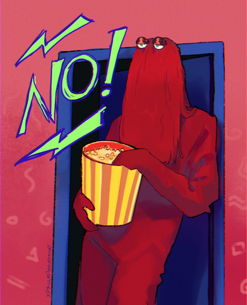 ambiguous_gender dialogue don't_hug_me_i'm_scared doorway food hair hi_res humanoid lidded_eyes not_furry popcorn red_body red_guy_(dhmis) red_hair solo tendonart yelling