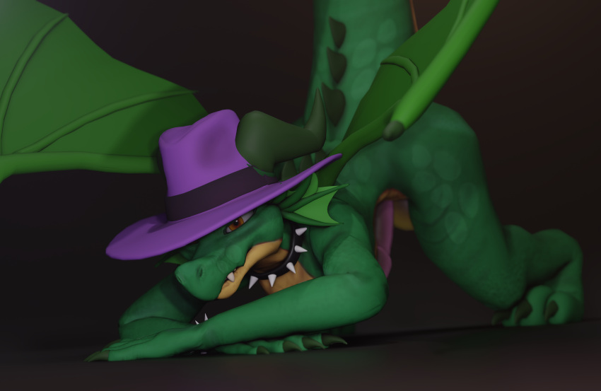 2023 3d_(artwork) absurd_res anthro aroused aroused_face aroused_smile blender_(software) blender_eevee clothing collar digital_media_(artwork) dragon erection fedora genitals green_body hat headgear headwear henry_(henrycharizardboi) henrycharizardboi hi_res jack-o'_pose lizard look_at_camera male penis pose purple_clothing purple_hat purple_headwear reptile scalie smug smug_face solo spiked_collar spikes submissive submissive_male western_dragon yellow_eyes