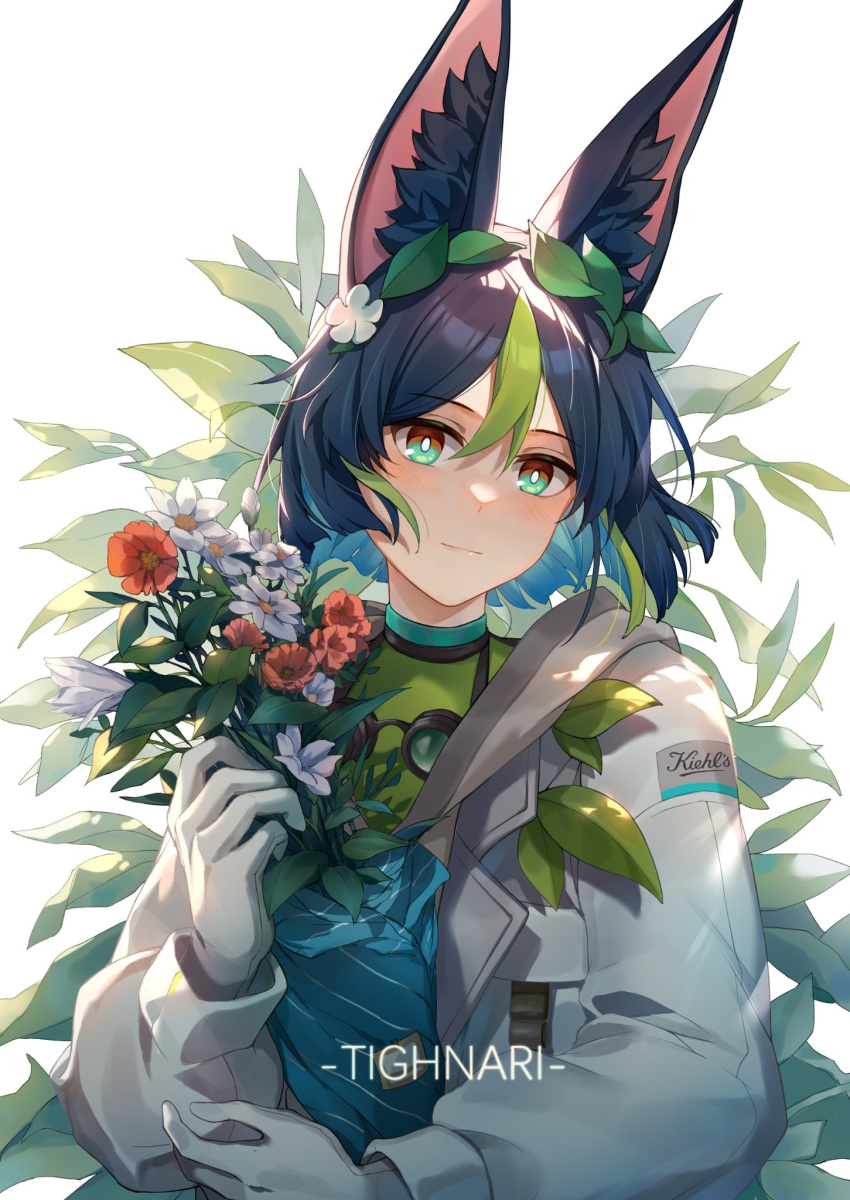 1boy animal_ear_fluff animal_ears black_hair character_name chrisleryen flower fox_ears genshin_impact glasses green_eyes green_hair grey_jacket highres jacket long_sleeves male_focus multicolored_hair short_hair solo tighnari_(genshin_impact) tighnari_(kiehls')_(genshin_impact)