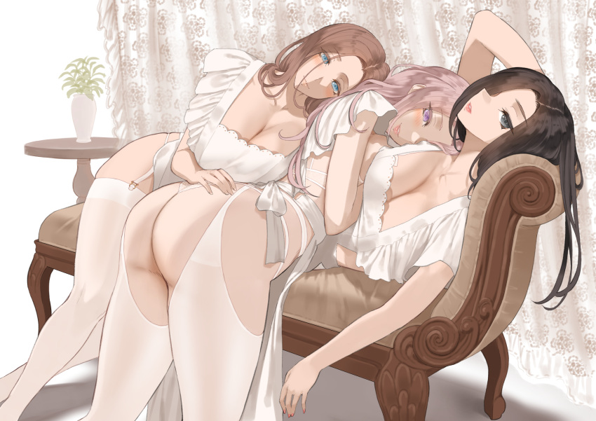 3girls apron ass bent_over black_hair blue_eyes blush breasts brown_hair cleavage garter_straps grey_eyes grin highres large_breasts long_hair looking_at_viewer lying lying_on_another maid multiple_girls naked_apron original parted_hair pink_hair profile purple_eyes recliner smile square_neckline thighhighs thong throtem underwear white_apron white_thighhighs