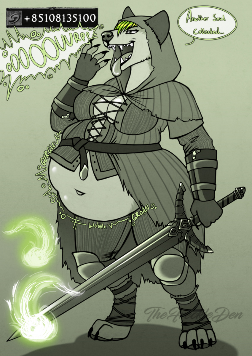 anthro anthro_pred armor belt bloated burping cloak clothing corset covering covering_mouth digestion digestion_noises digital_media_(artwork) female female_pred greaves hi_res hood hyena lingerie mammal melee_weapon navel oral_vore soul_vore sword talking_to_self thefreckleden topwear vore weapon