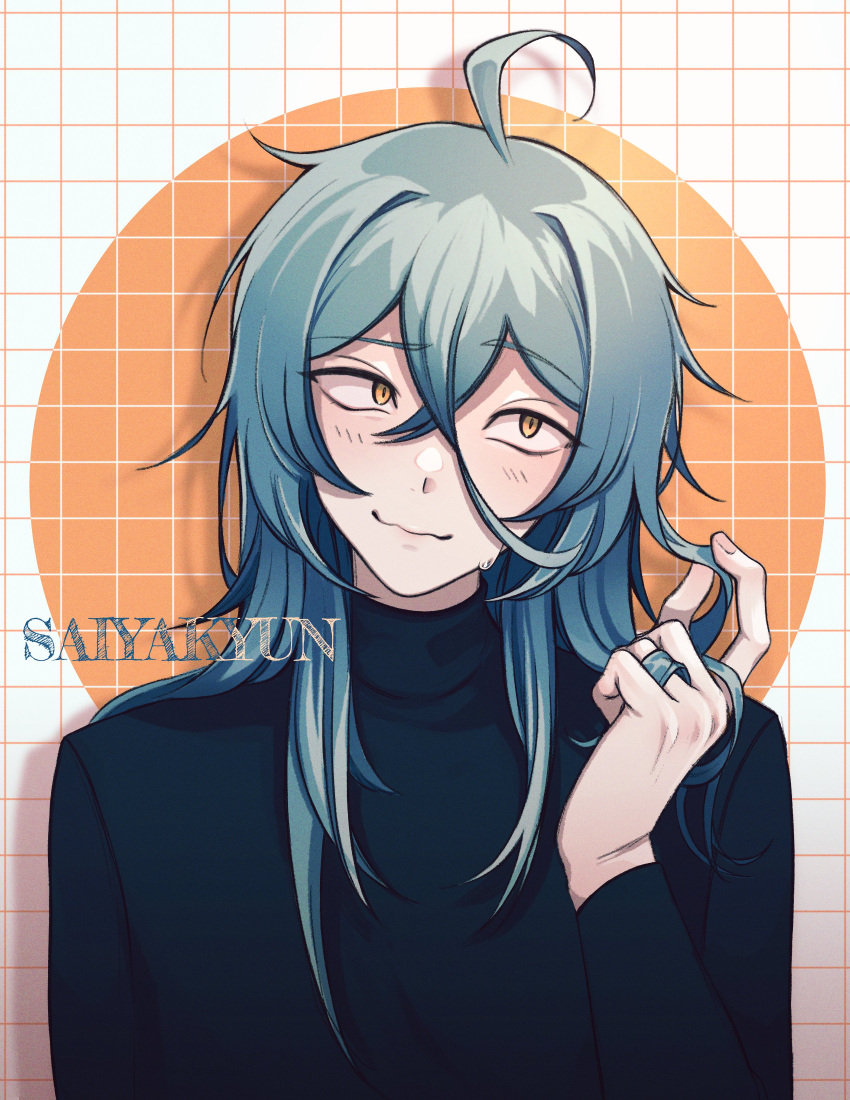 1boy absurdres ahoge artist_name ashe_bradley brown_eyes closed_mouth grey_hair highres long_hair long_sleeves looking_at_viewer saiyakyun smile solo upper_body witch's_heart