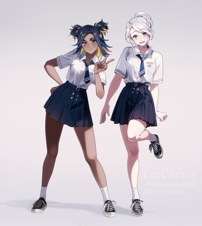 2girls arms_at_sides blonde_hair blue_hair breasts closed_mouth collared_shirt contrapposto dark_skin double_bun evil_cactus full_body green_eyes grey_eyes hair_bun hair_intakes hand_on_own_hip hand_up highres jett_(valorant) leg_up medium_breasts medium_hair multicolored_hair multiple_girls necktie neon_(valorant) parted_bangs pleated_skirt purple_necktie purple_skirt school_uniform shirt shoes short_sleeves sidelocks simple_background skirt sneakers split_mouth standing standing_on_one_leg streaked_hair teeth v valorant white_background white_hair white_shirt