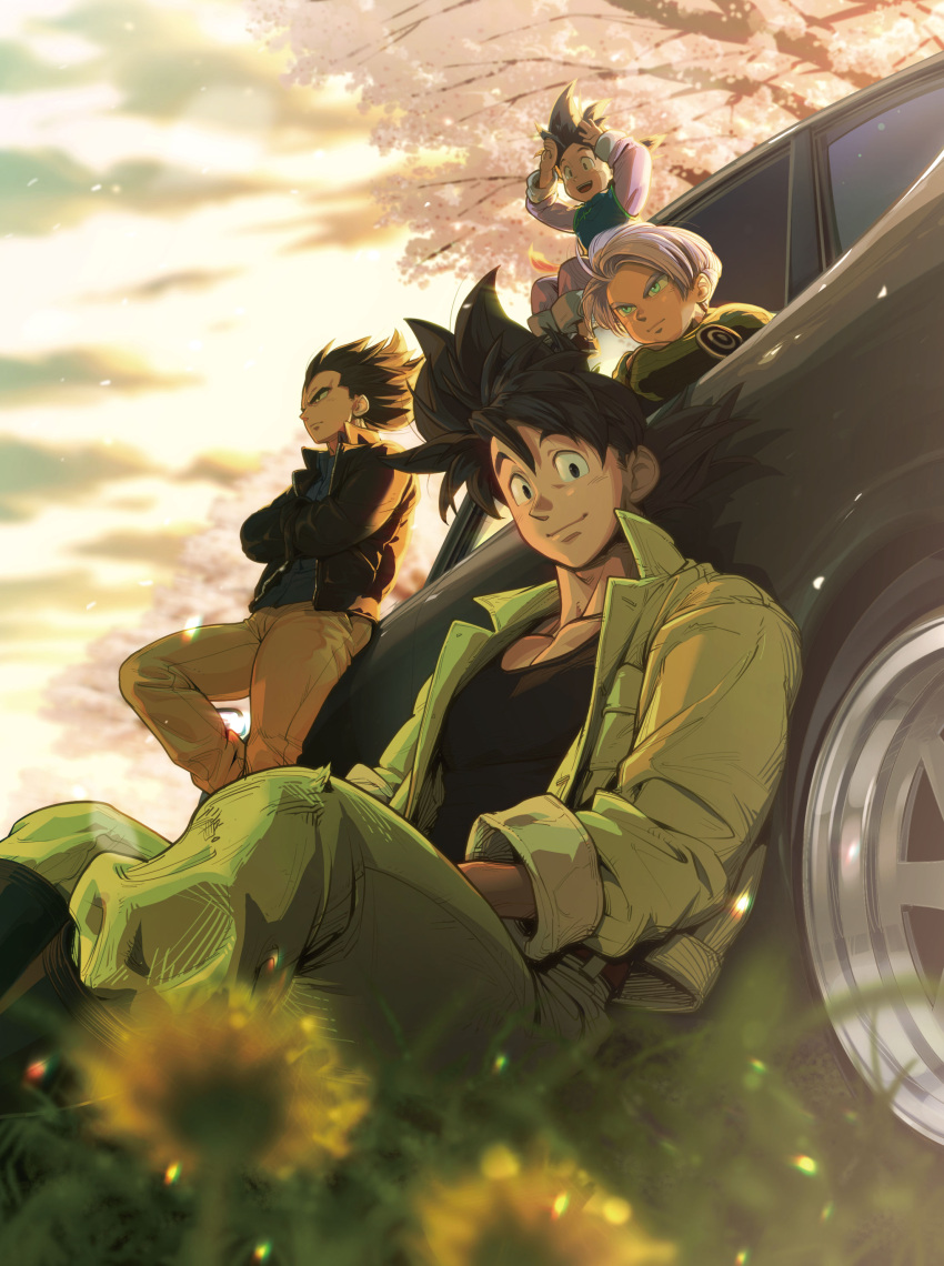 4boys absurdres black_hair black_jacket blue_eyes cherry_blossoms closed_mouth collarbone crossed_arms dragon_ball dragon_ball_super highres jacket long_sleeves looking_ahead male_child motor_vehicle multiple_boys muscular muscular_male on_ground open_clothes open_jacket parted_bangs pectoral_cleavage pectorals pink_hair short_hair sitting smile son_goku son_goten spiked_hair supobi teeth tree trunks_(dragon_ball) trunks_(future)_(dragon_ball) upper_teeth_only vegeta wind
